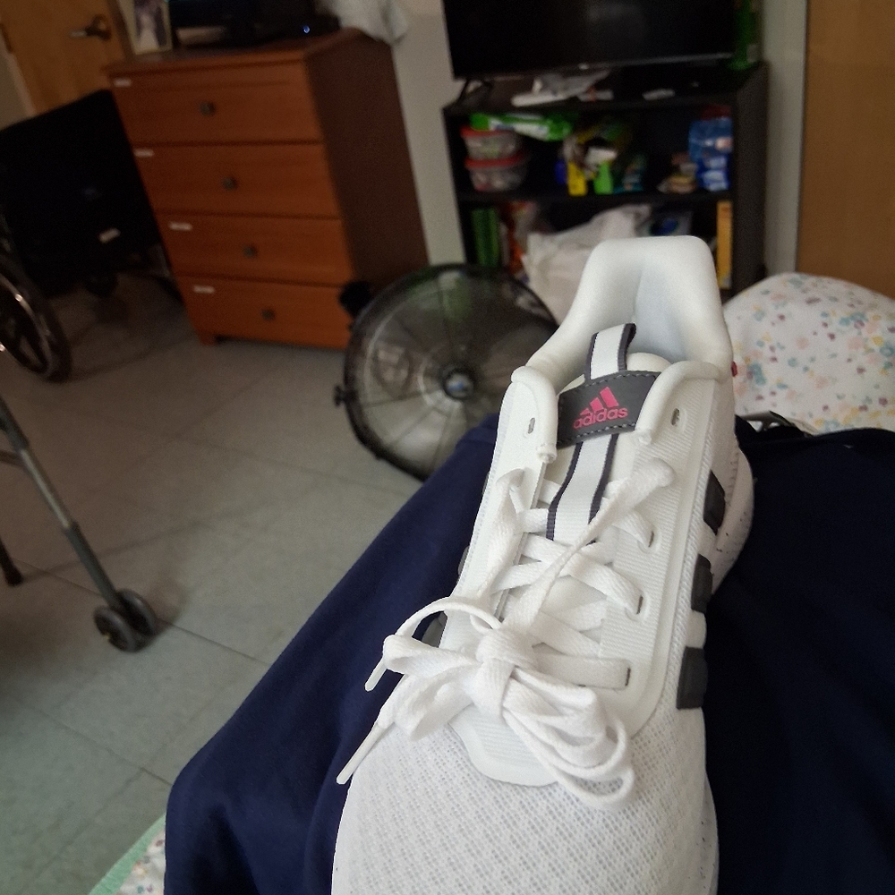 Adidas White and Black Running Shoes with Pink Detail